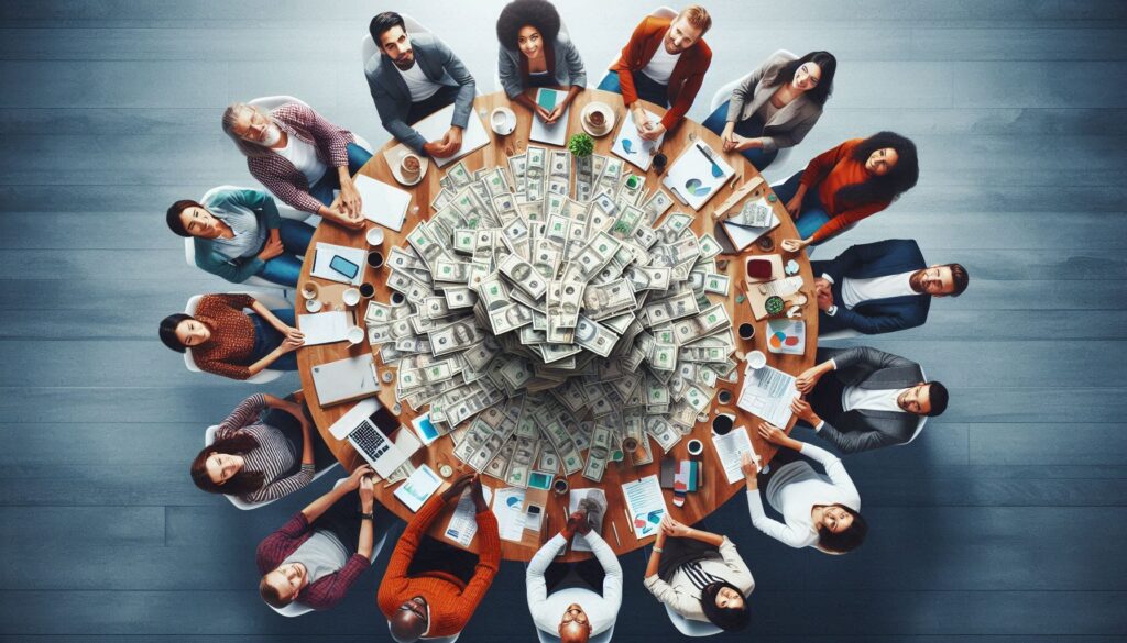 A diverse group of people sitting around a long table with piles of money in the middle